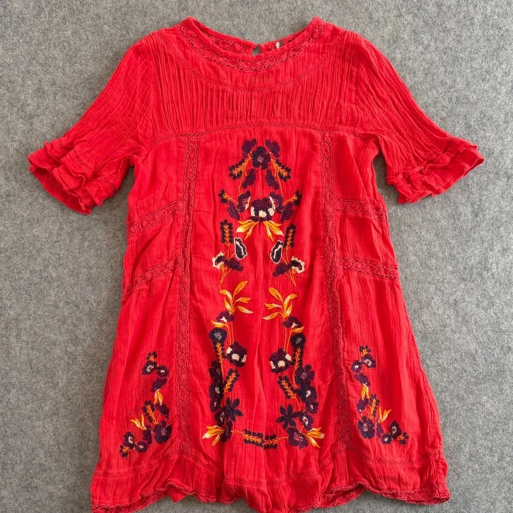 Free People Red Floral Perfectly Victorian Mini Dress Women's Size Small
